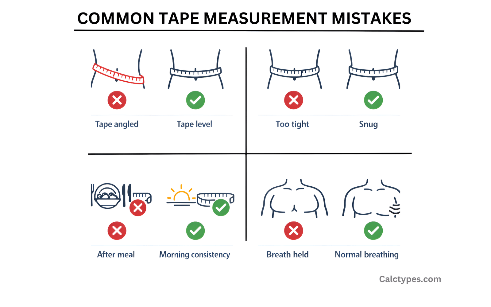 Common tape measurement mistakes: tape angled, too tight, inconsistent timing, and posture/breathing differences.