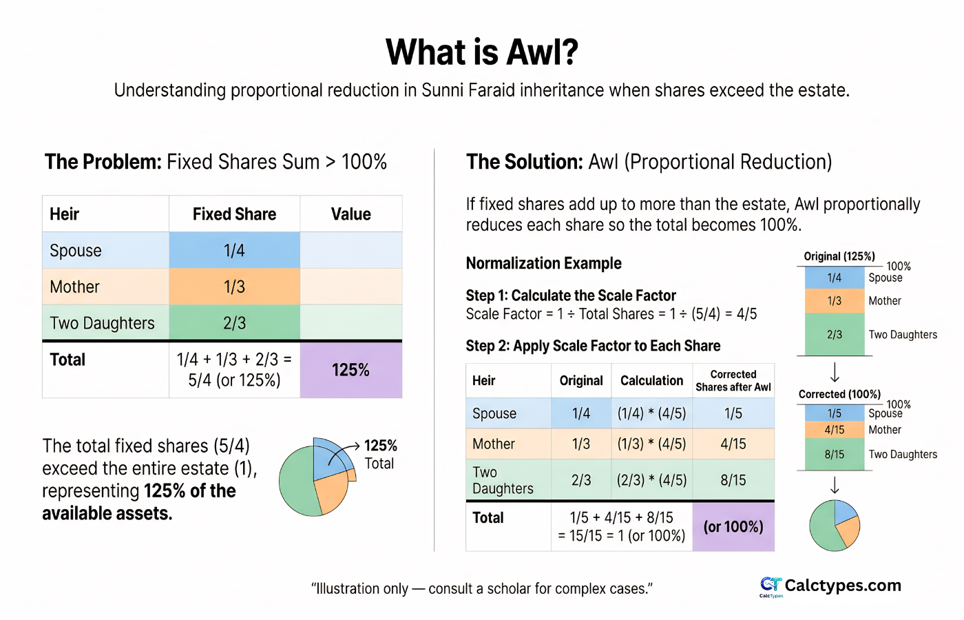 Infographic explaining Awl in Islamic inheritance when fixed shares exceed the estate and are scaled proportionally