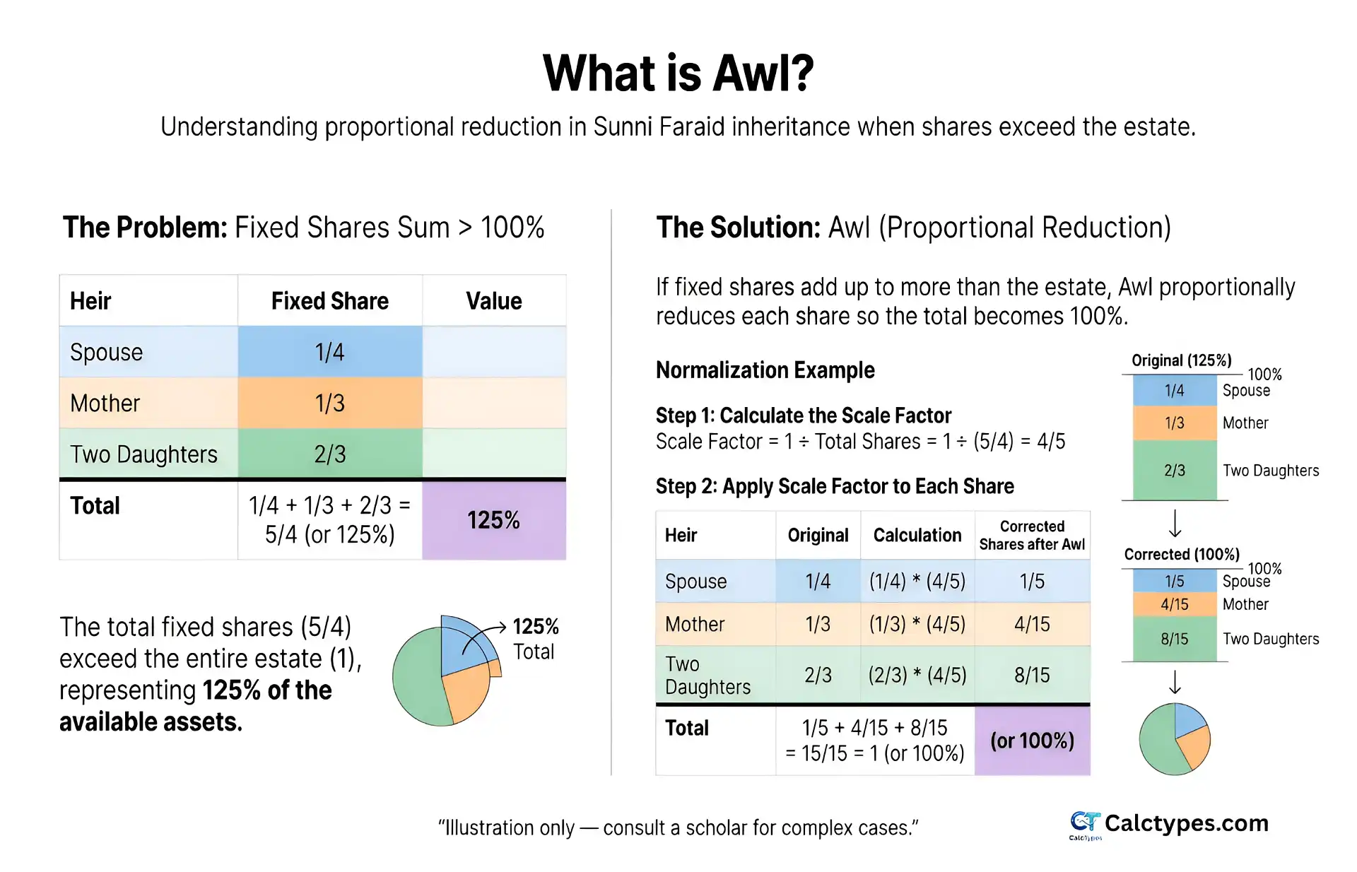 Infographic explaining Awl in Islamic inheritance when fixed shares exceed the estate and are scaled proportionally
