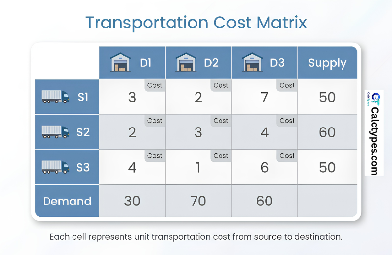 Transportation problem matrix showing 3 sources, 3 destinations, supply, demand, and cost values