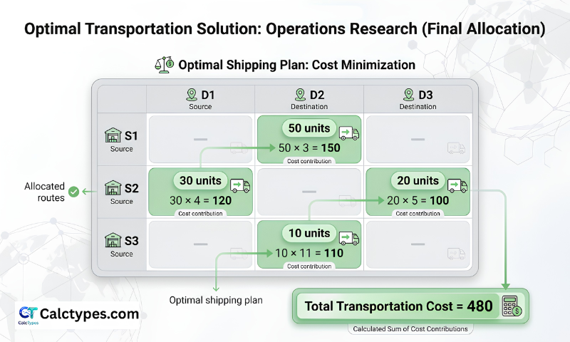 Transportation problem solution showing allocation quantities and costs in a matrix format