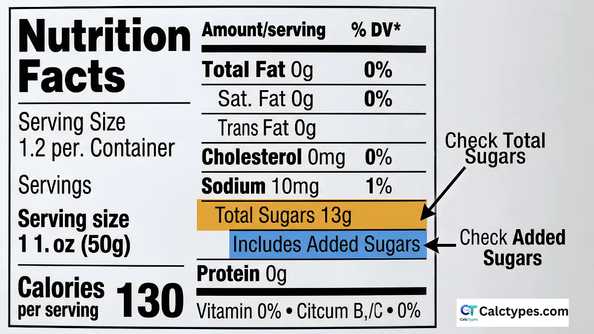Nutrition label with Added Sugars highlighted and ingredient list showing multiple sweetener names highlighted