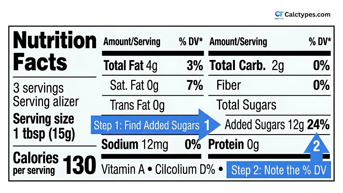 Close up of nutrition label with arrows pointing to the Added Sugars row and its percent daily value