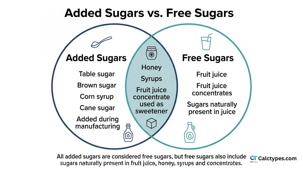 Diagram showing added sugars vs free sugars with examples like juice, honey, syrup, and table sugar