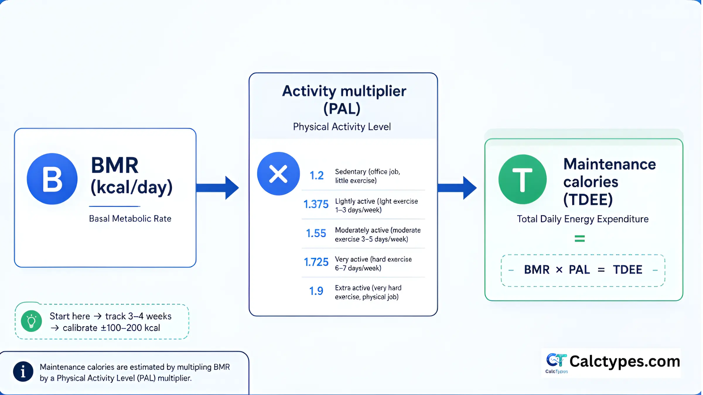 Flowchart showing how BMR is multiplied by a physical activity level to estimate maintenance calories
