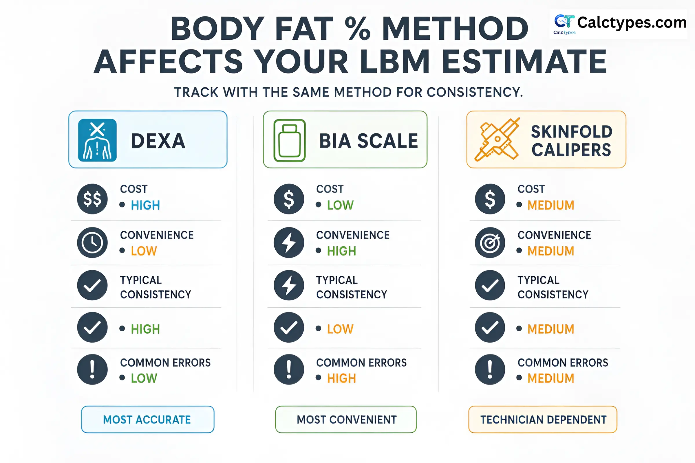 Comparison of body fat measurement methods DEXA BIA and calipers showing typical tradeoffs