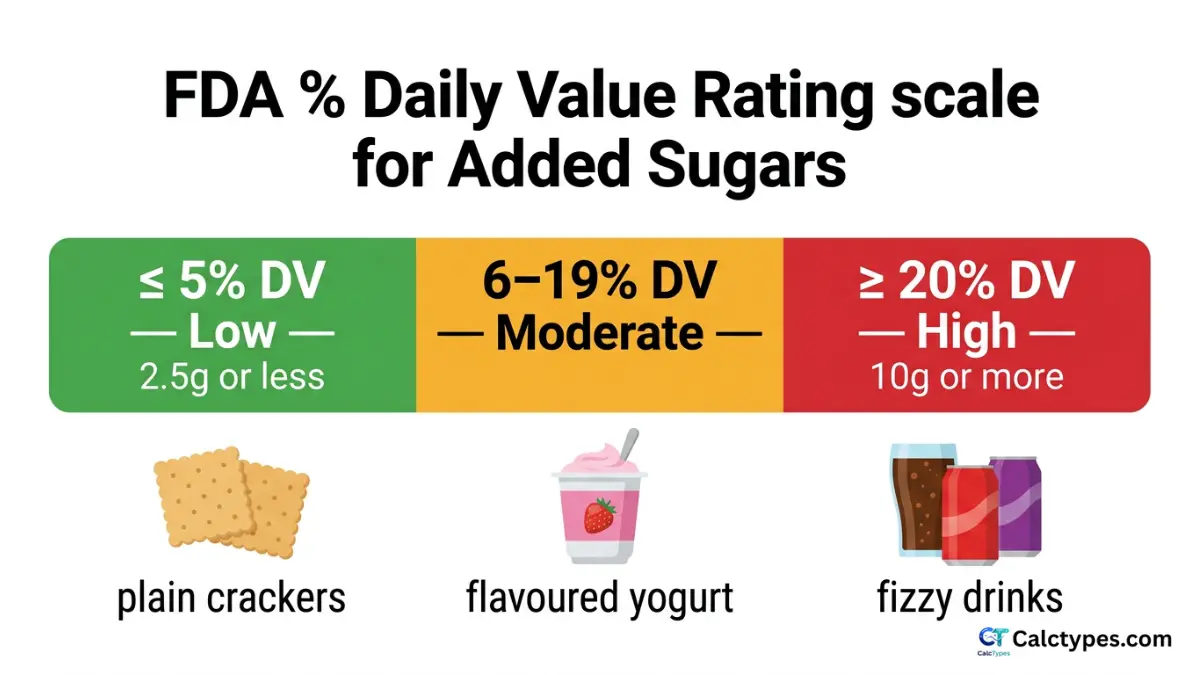 Infographic showing the percent daily value scale from low 5 percent to high 20 percent with gram equivalents