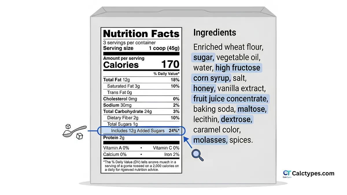 Nutrition label with added sugars highlighted and an ingredient list showing multiple sugar names highlighted