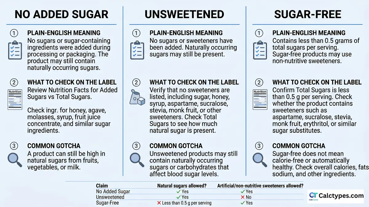 Infographic comparing no added sugar vs unsweetened vs sugar-free with label checks and common gotchas