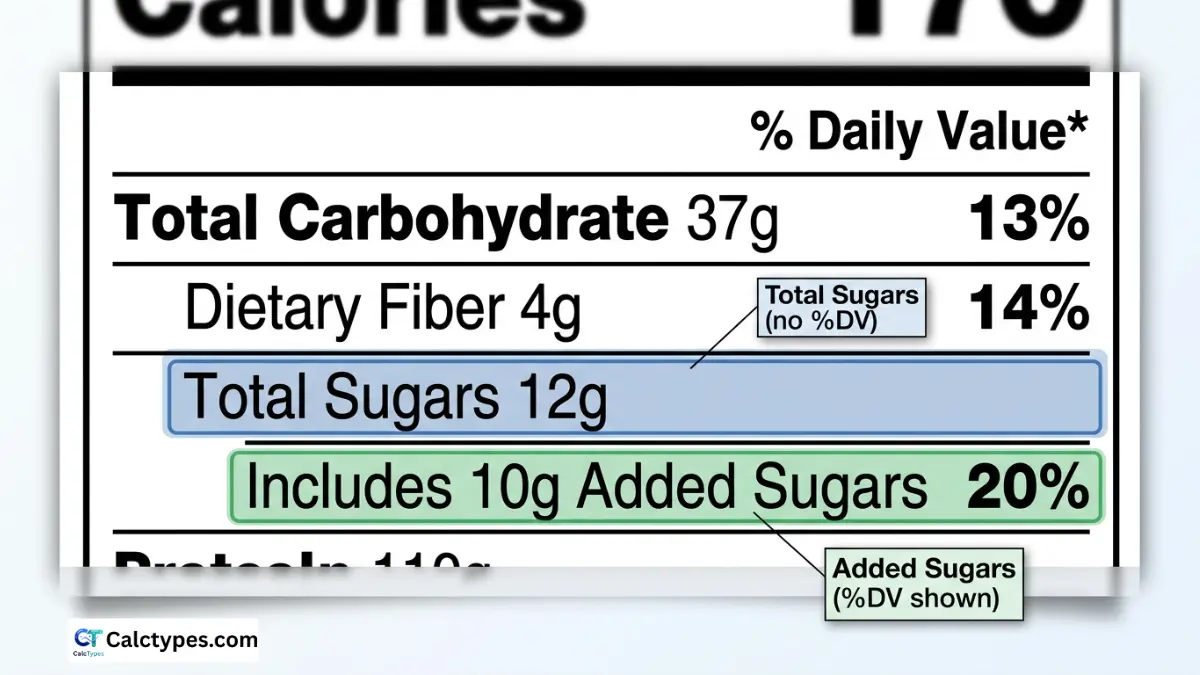 Close up of nutrition label with Total Sugars and Added Sugars rows highlighted showing Total Sugars has no percent Daily Value and Added Sugars has a percent Daily Value