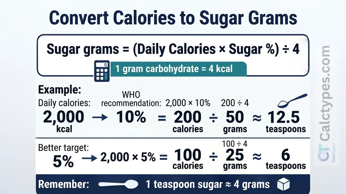 Infographic converting sugar percent of calories into grams and teaspoons using 4 kcal per gram