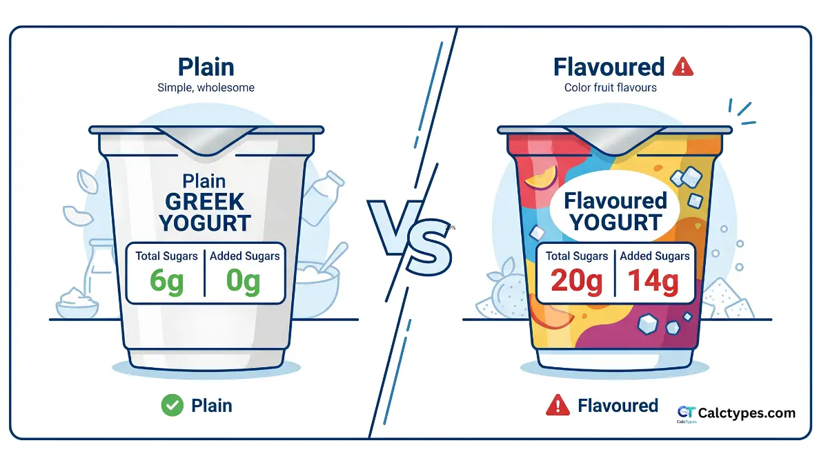 Side by side comparison of plain yogurt versus flavoured yogurt nutrition labels showing difference between total sugars and added sugars