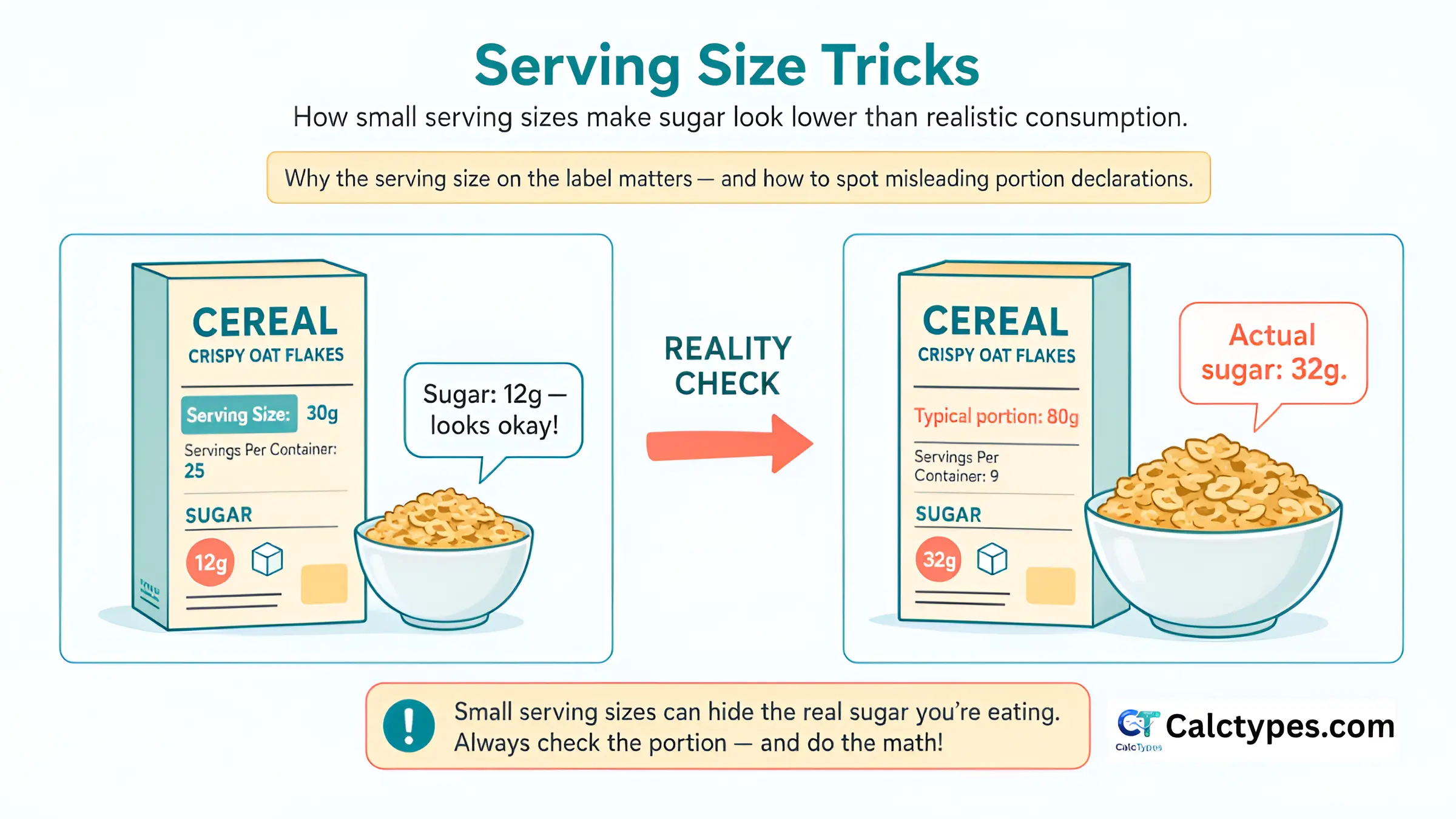 Infographic showing how small declared serving sizes can make sugar content appear lower on food labels