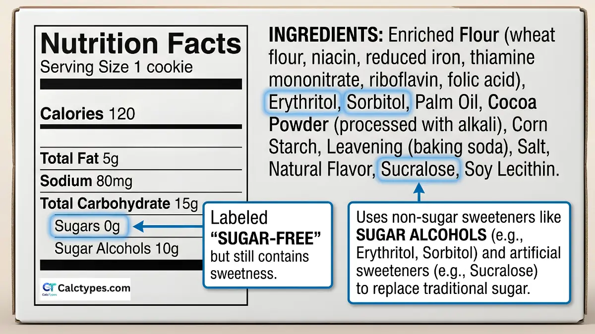 Side-by-side labels showing sugar-free product with sugar alcohols listed in ingredients
