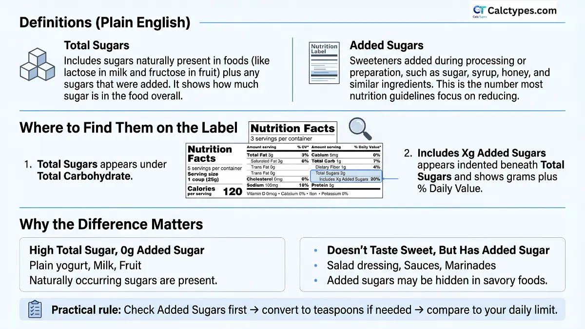 Nutrition Facts label showing Total Sugars and Added Sugars rows highlighted with annotations explaining the difference