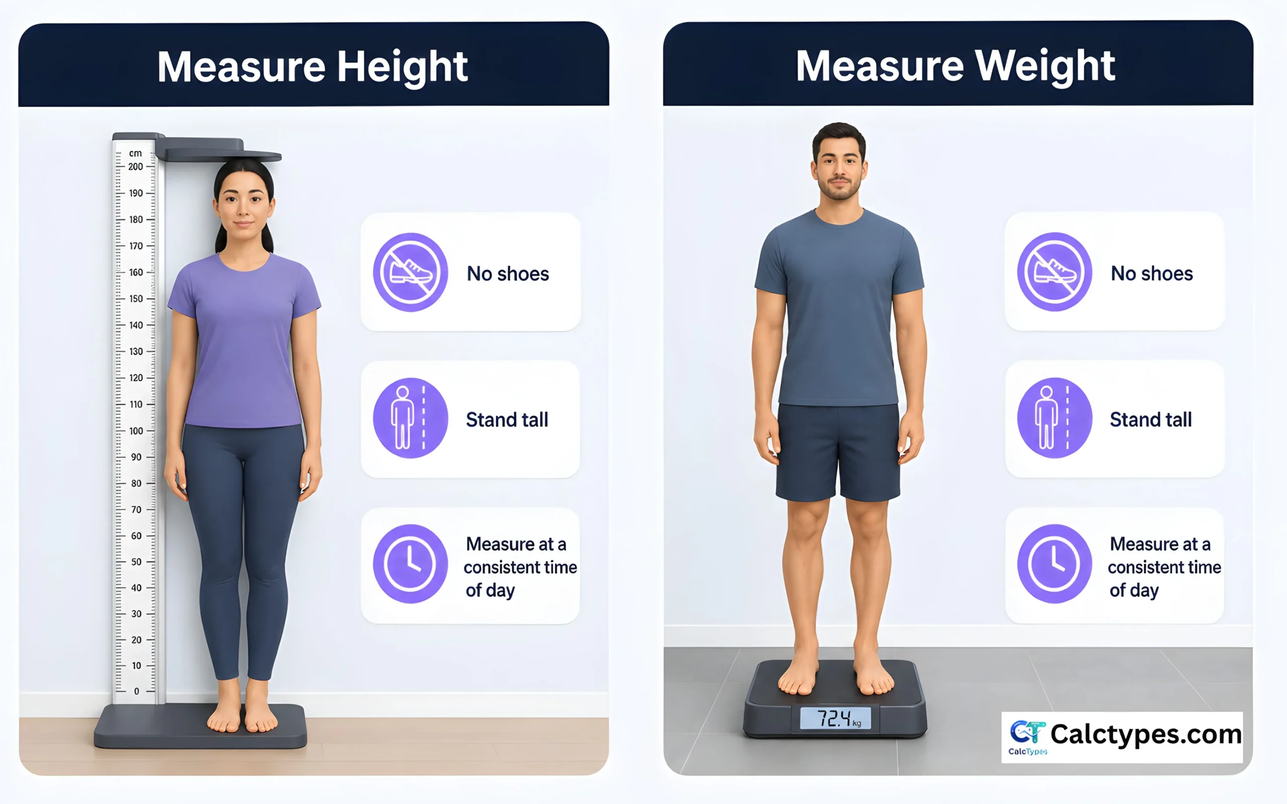 Illustration showing how to measure height and weight accurately for BMI calculation