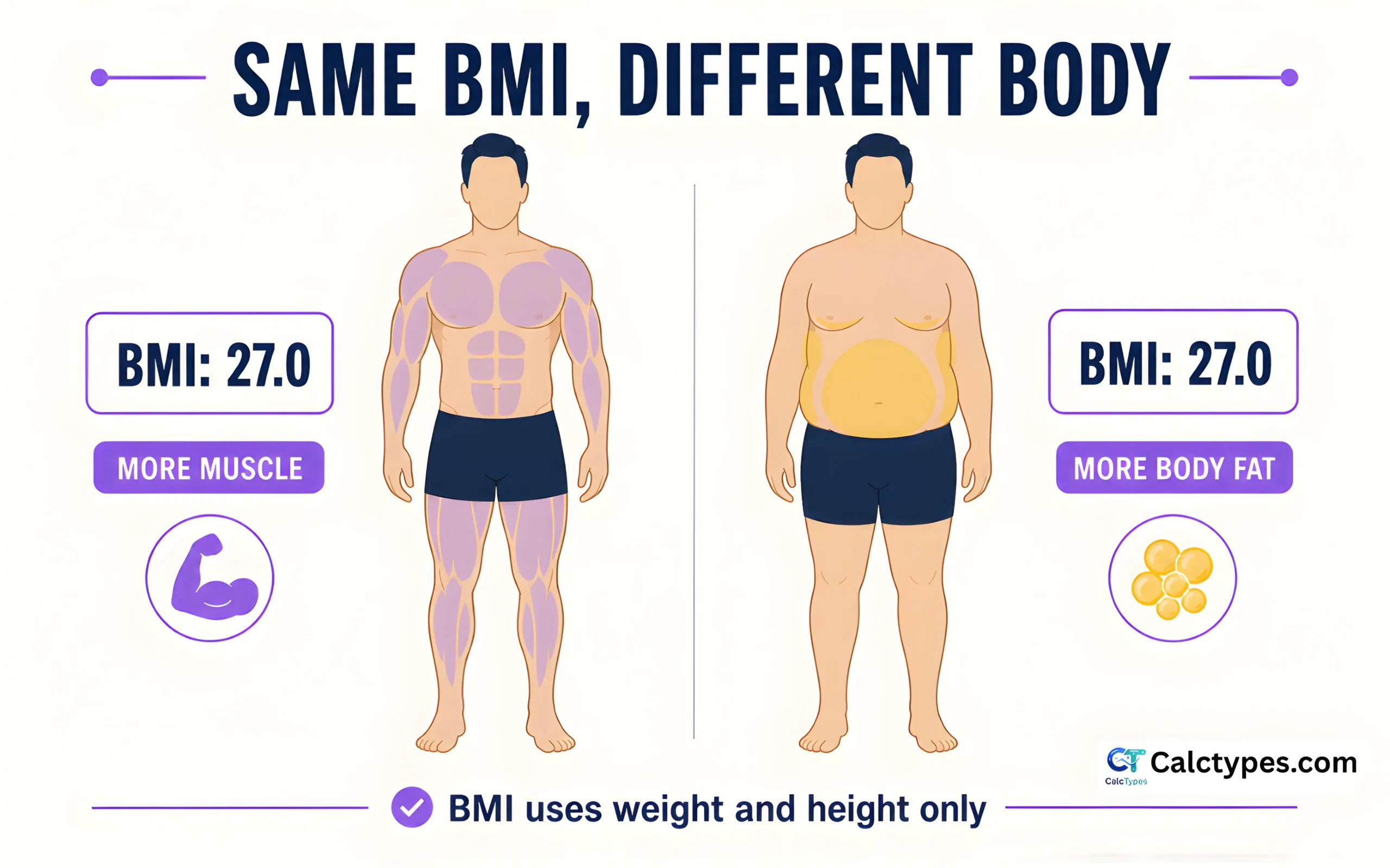 Infographic showing two people with the same BMI but different body fat and muscle composition