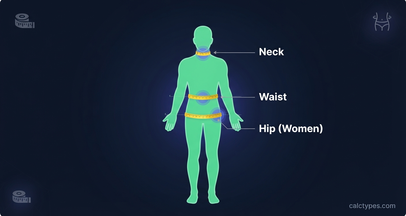 Diagram showing neck, waist, and hip tape measurement positions for the US Navy body fat method