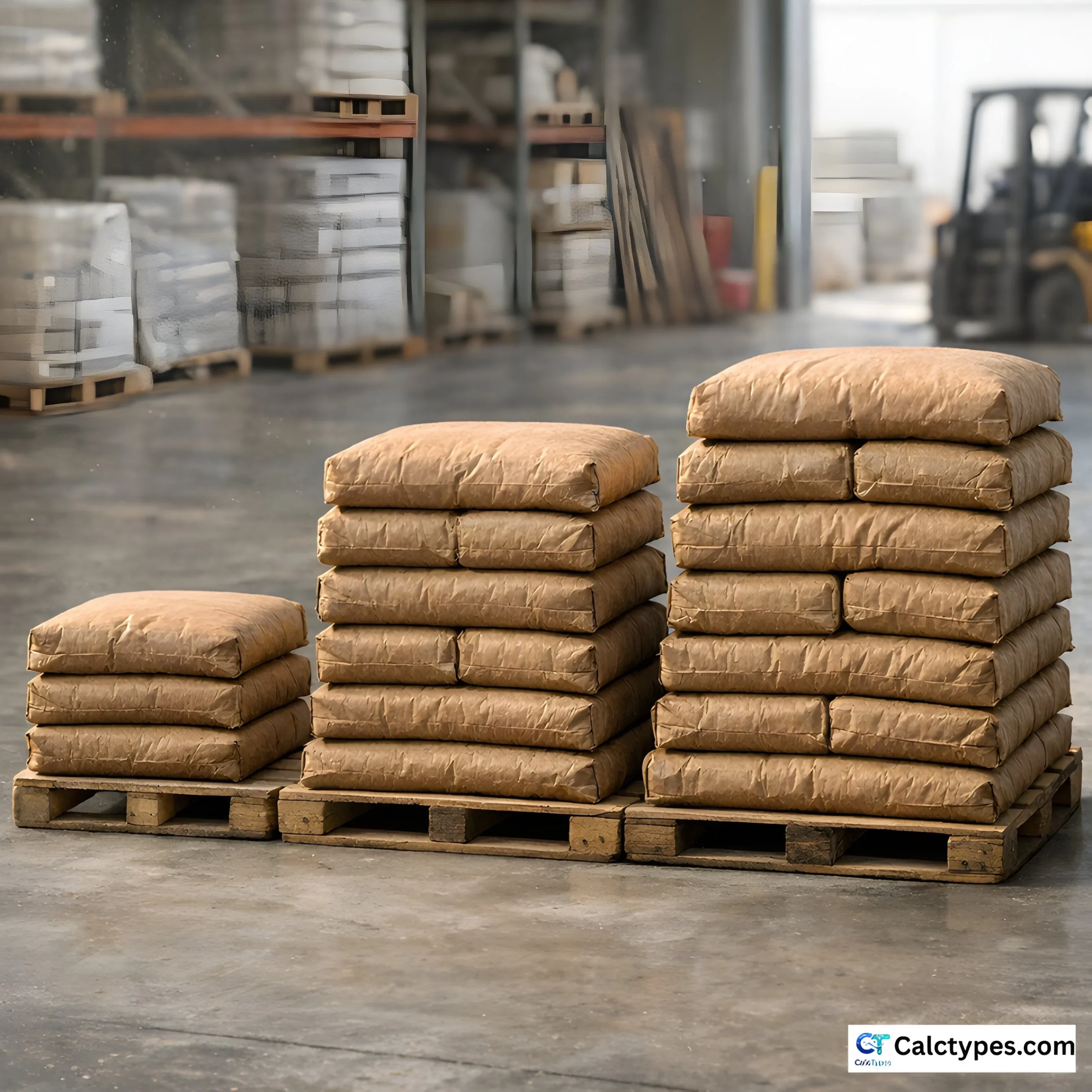 Comparison of 80 lb, 60 lb, and 40 lb concrete bags stacked on a pallet