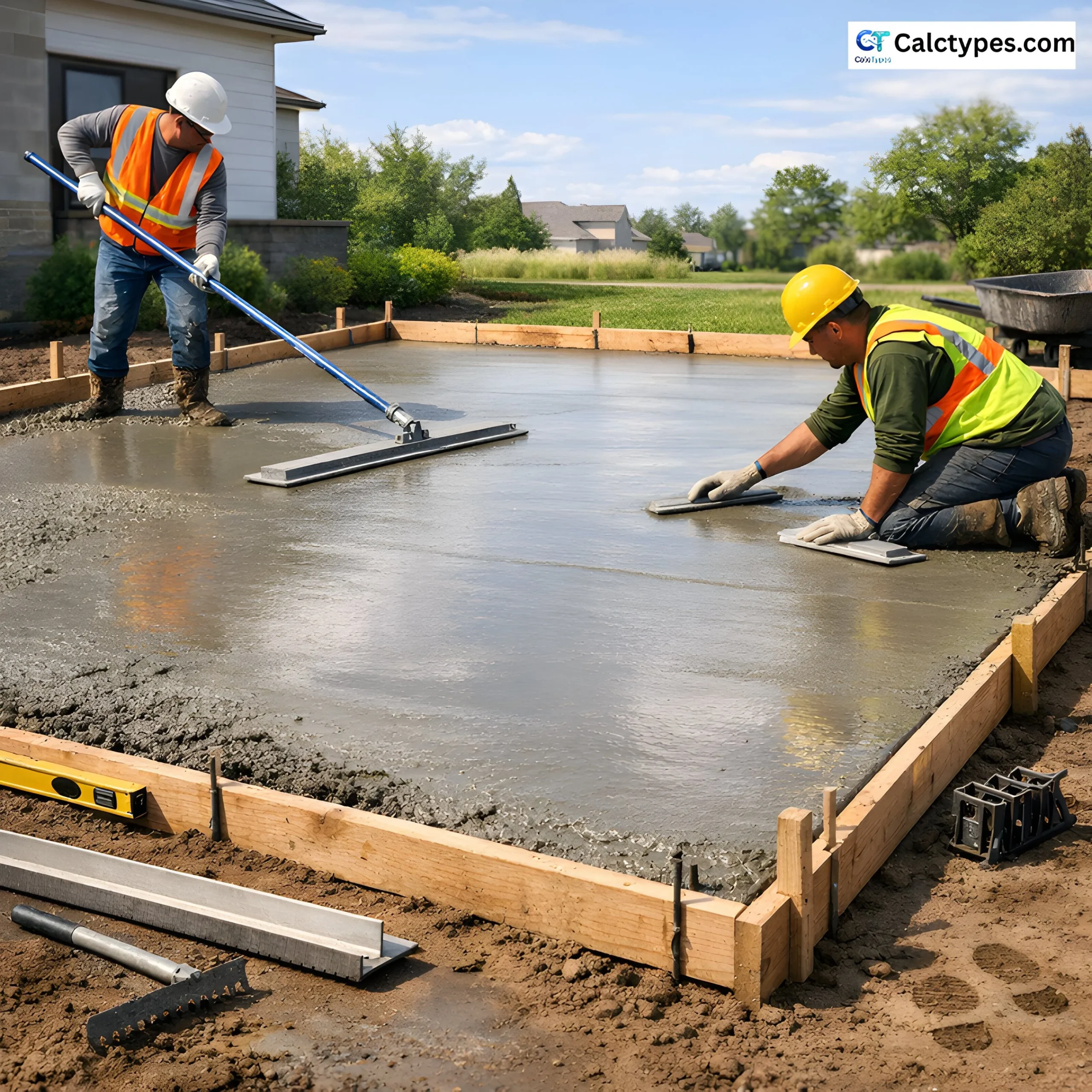 Workers finishing a freshly poured concrete slab — residential driveway project