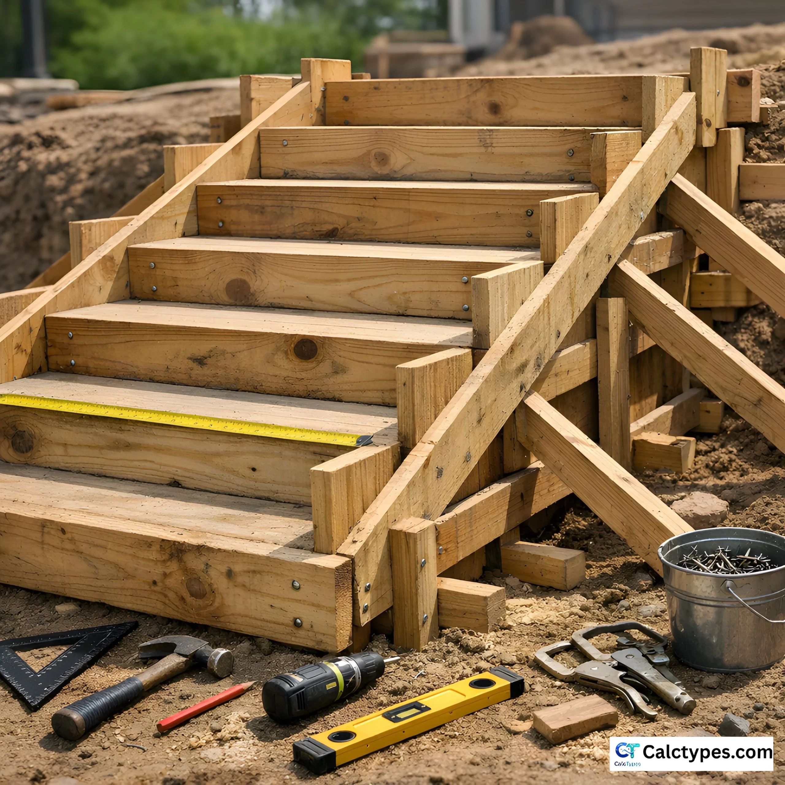 Concrete stair forms ready for pour — step tread and riser dimensions marked