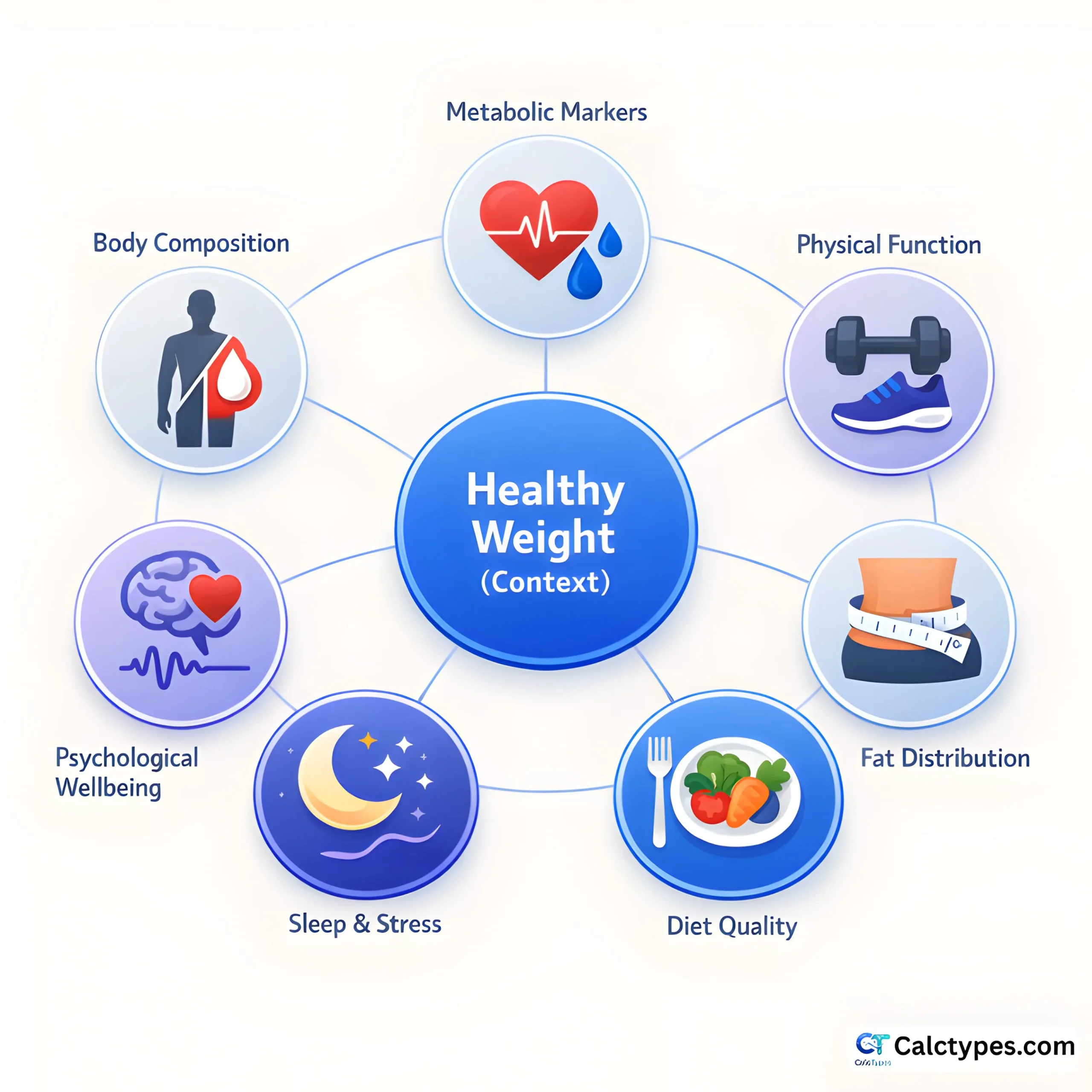 Diagram showing that healthy weight depends on body composition, metabolic markers, physical function, lifestyle, and psychological wellbeing—not just a scale number
