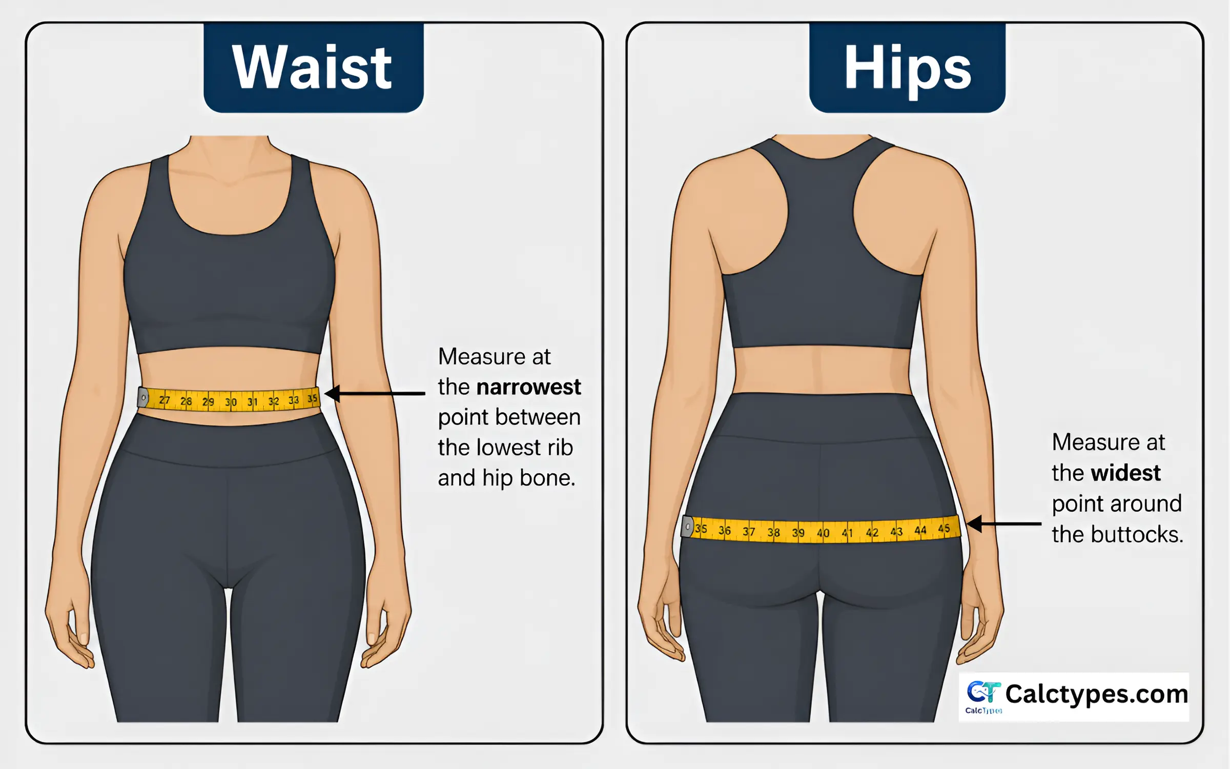 Illustration showing where to measure waist and hip circumference for WHR