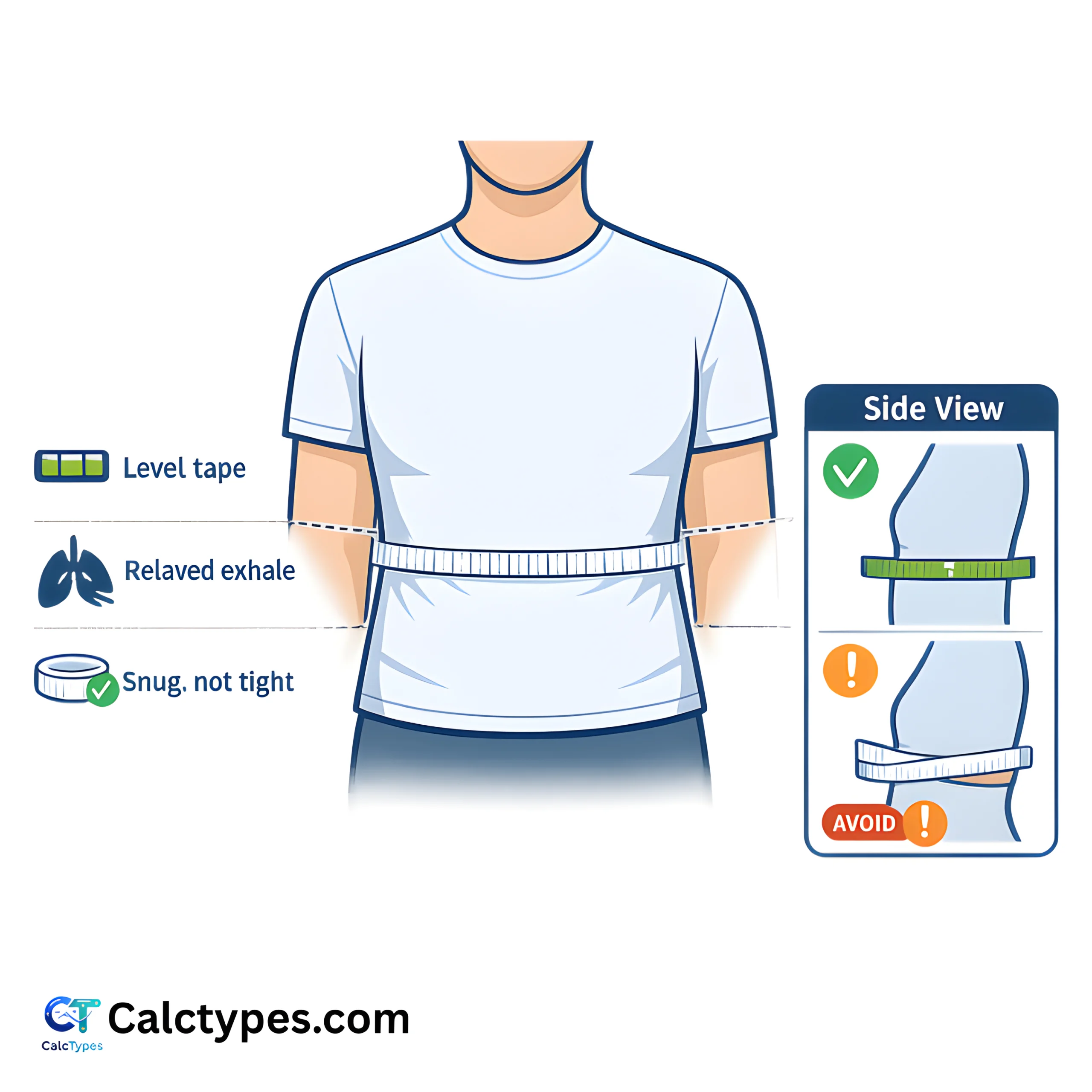 Illustration showing a tape measure placed level around the waist at the midpoint between the lowest rib and hip bone