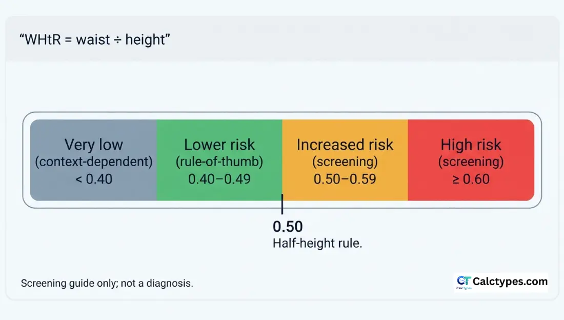 Horizontal chart showing waist-to-height ratio screening bands from under 0.40 to 0.60 and above