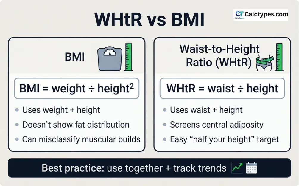 Infographic comparing BMI using weight and height with WHtR using waist and height as screening tools