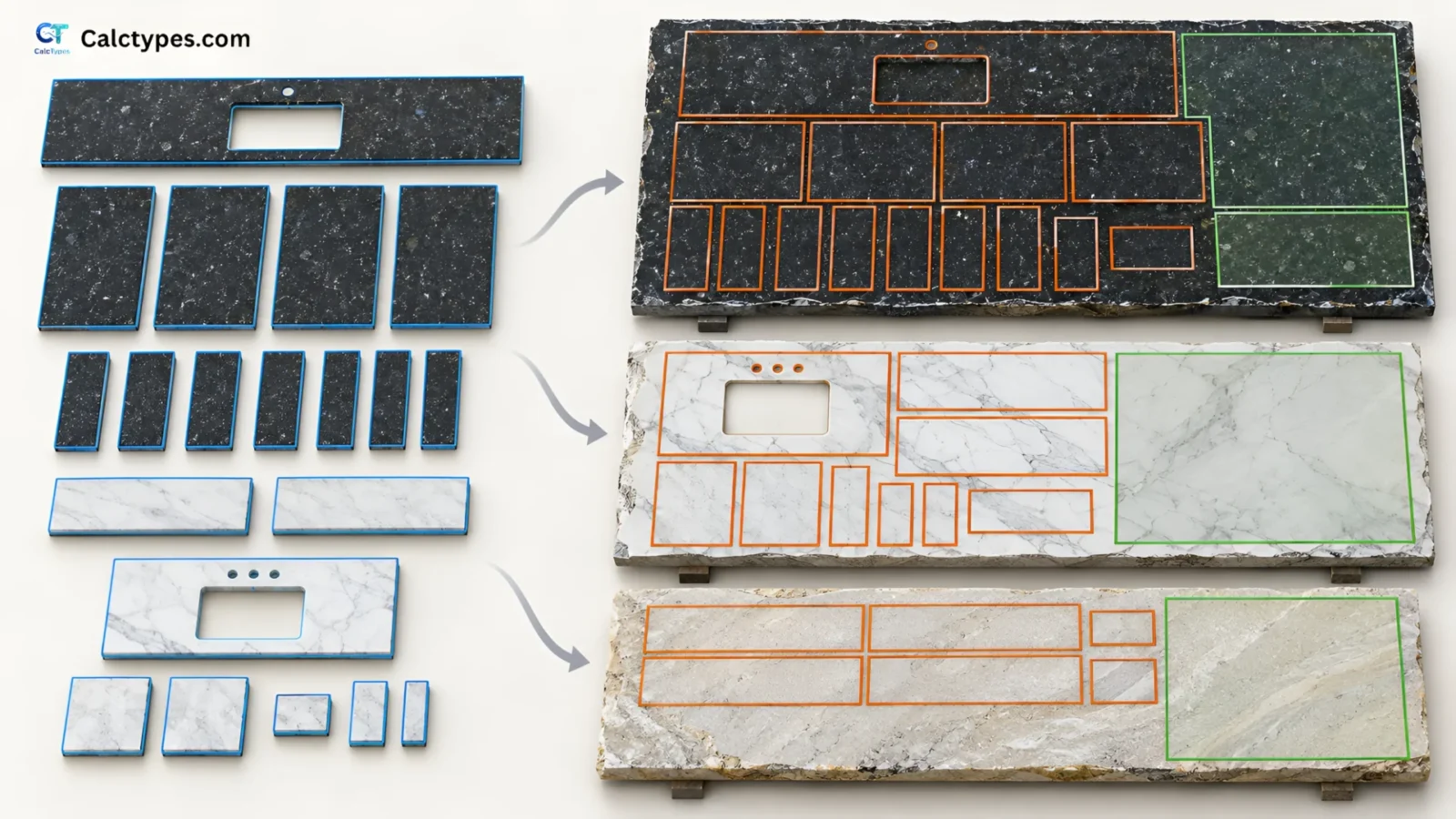 Stone slab cutting optimizer showing granite, marble and quartz pieces arranged on stock slabs