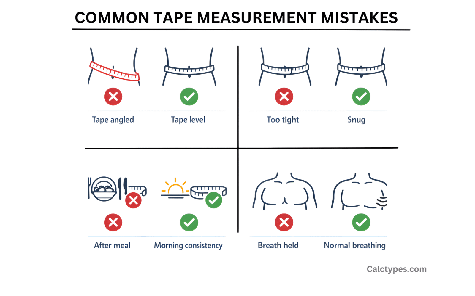 Common tape measurement mistakes: tape angled, too tight, inconsistent timing, and posture/breathing differences.